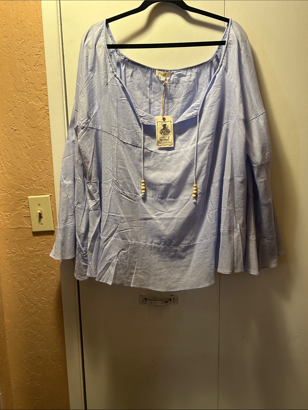 easel Light Blue Peasant Top with Bead Tie